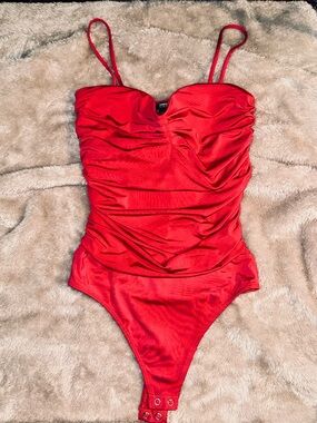 Express Red Ruched Bodysuit